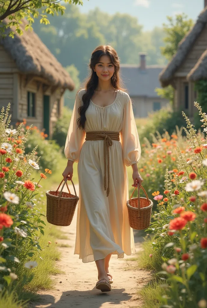 The image features a young woman walking along a pathway lined with flowers. She is dressed in a light, flowing dress with long sleeves, and a belt made of natural fibers cinches her waist. In each hand, she carries a wooden basket. The background includes...