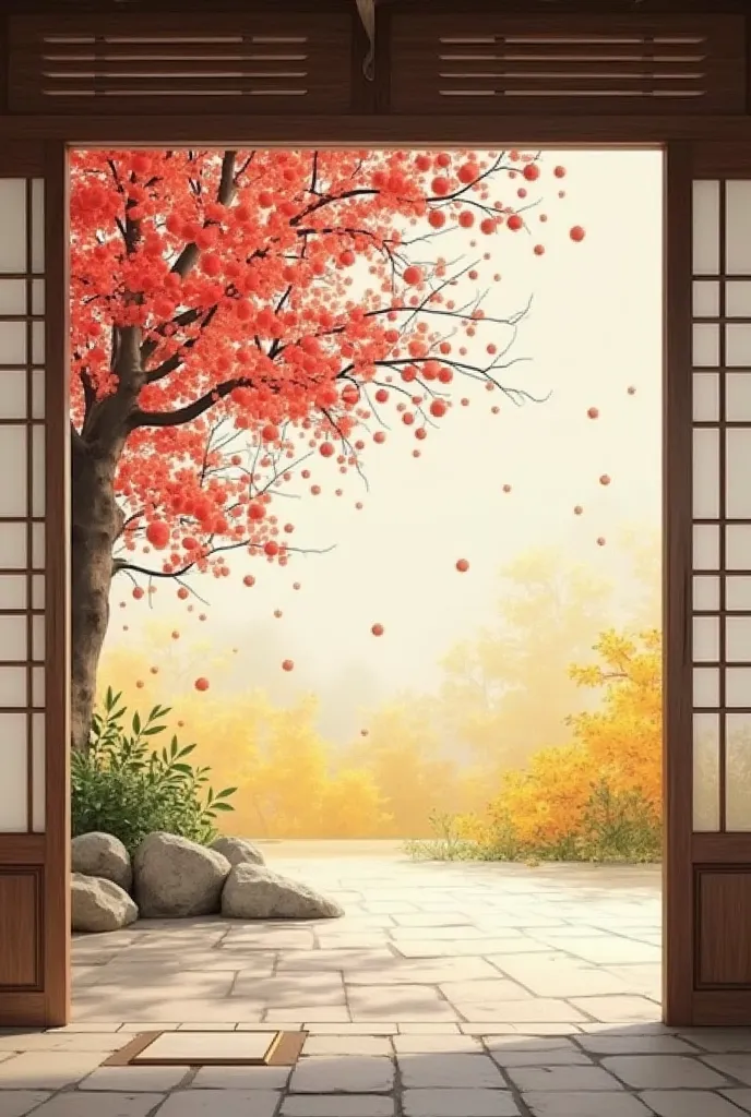 open background reminiscent of a traditional seasonal hanok yard, red pomegranate tree shadow + yellow citron orchard pattern,  
stone structure with green plum leaf texture flowing through it,  View of pomegranates, citrons, and plums standing side by sid...