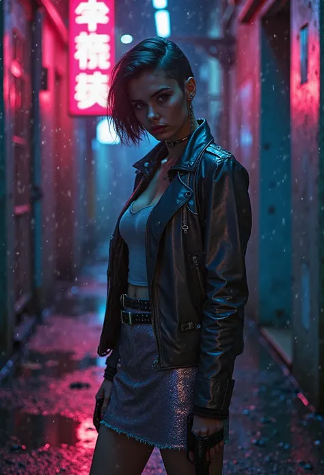 Cyberpunk-inspired woman. Back alley with neon lights, night after rain, reflection in puddle, cyberpunk woman, short cut, metallic jacket, holographic skirt, cyberpunk prosthetic eye, cool expression, pointing gun at you, scene from action movie, cinemati...