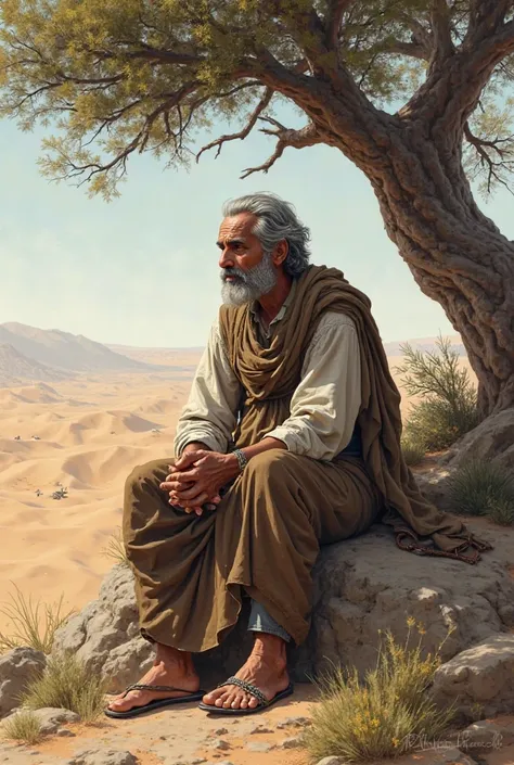 The herder, sitting on a rock under a tree, speaks thoughtfully. The peaceful desert landscape is behind him, showcasing the simplicity of his environment and his deep belief.