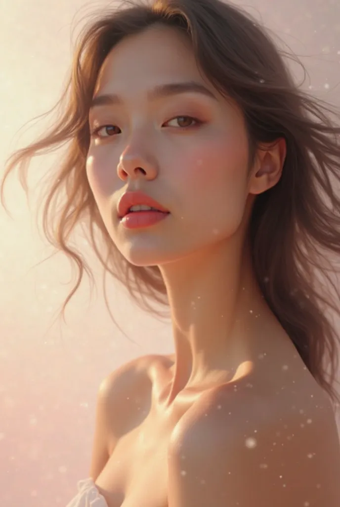 
"A beautiful woman with an ethereal and serene expression, her face softly illuminated by diffused lighting. She has smooth, flawless skin with a natural glow, and delicate facial features—high cheekbones, full lips, and slightly downcast or closed eyes f...