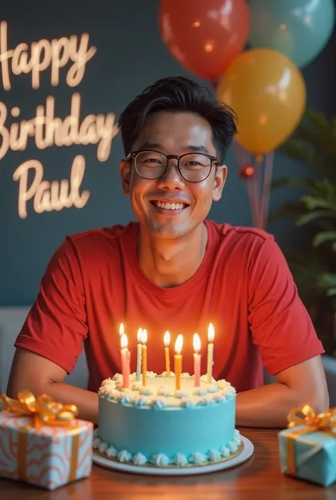 A man with fair skin Latin American physiognomy,  with black hair, with clear lenses, red sports shirt, that he is celebrating his birthday, that he is sitting behind a table, and on the table that there is a cake with candles and that is light blue. And t...