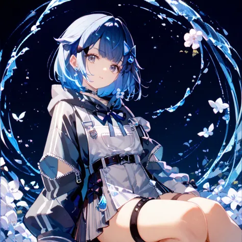  1girl , Tsumugi Kokage, blue hair, short hair, hair ornament, hair flower, choker,  hoodie, thigh strap,gothic maiden,black hood,a black dress,Belt on waist(( Japanese Anime Illustration)),((Japanese Anime Official Style)),(upper_body)