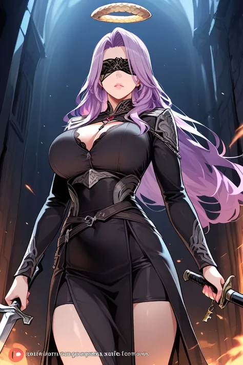 goddess,PURPLE HAIR, Big key, combat dress, Blindfold,suitable bust with lower body,short skirt, Snake-shaped halo,Gorgon