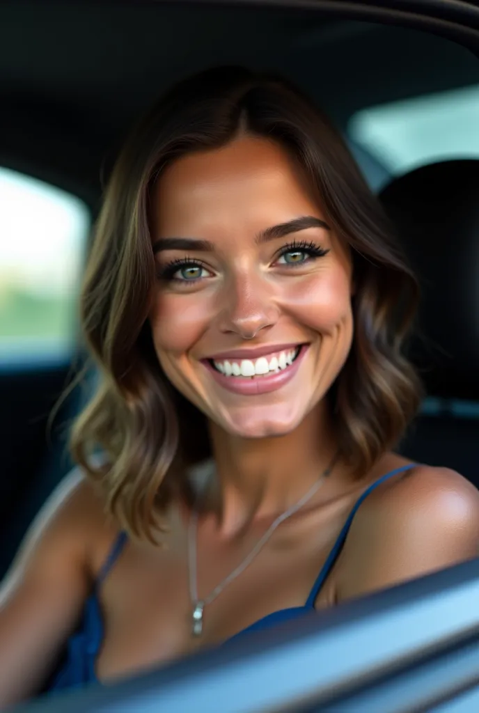 Inside a car a beautiful women smile face