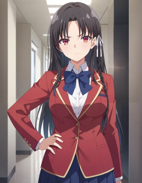 Masterpiece, hd, best quality, 1girl, kiyotaka_ayanokouji,  long hair, hair ribbon, black hair,red eyes, braided hair, medium breasts , bangs, parted bangs, school uniform, jacket, necktie, red blazer, blue bowtie tie, shirt, white pleated skitt, collared ...