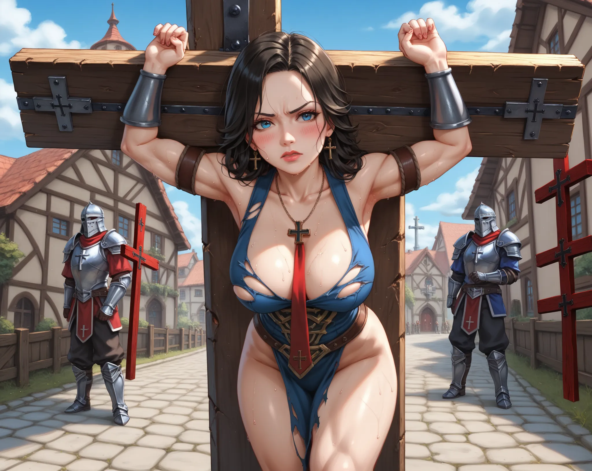 One girl,18-year-old,Excellent anatomy, masterpiece, Highest quality,Realistic, hyperRealistic, 16k hdr,(necklace,Cleavage,damaged body,Sweat,Beautiful Face,Mature Woman,Muscular Paladin,Torn Costume,Arm guard,Leg guards,Pauldrons:1.2),(blush,anger,Sign ar...