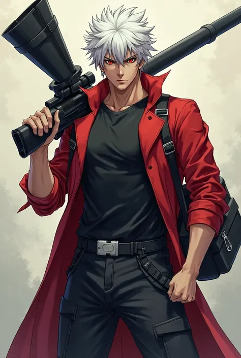 , white hair, red eyes, wearing a black T-shirt, wearing a red coat, black military pants, wearing a bag, having black eyes, grasping eyes,  muscular, Holding an anime shotgun