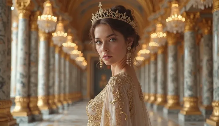 "A beautiful queen stands gracefully in the grand hall of the royal palace, surrounded by towering marble pillars and intricate golden carvings. Her long, embellished gown glistens under the soft glow of chandeliers, and a delicate crown rests upon her hea...