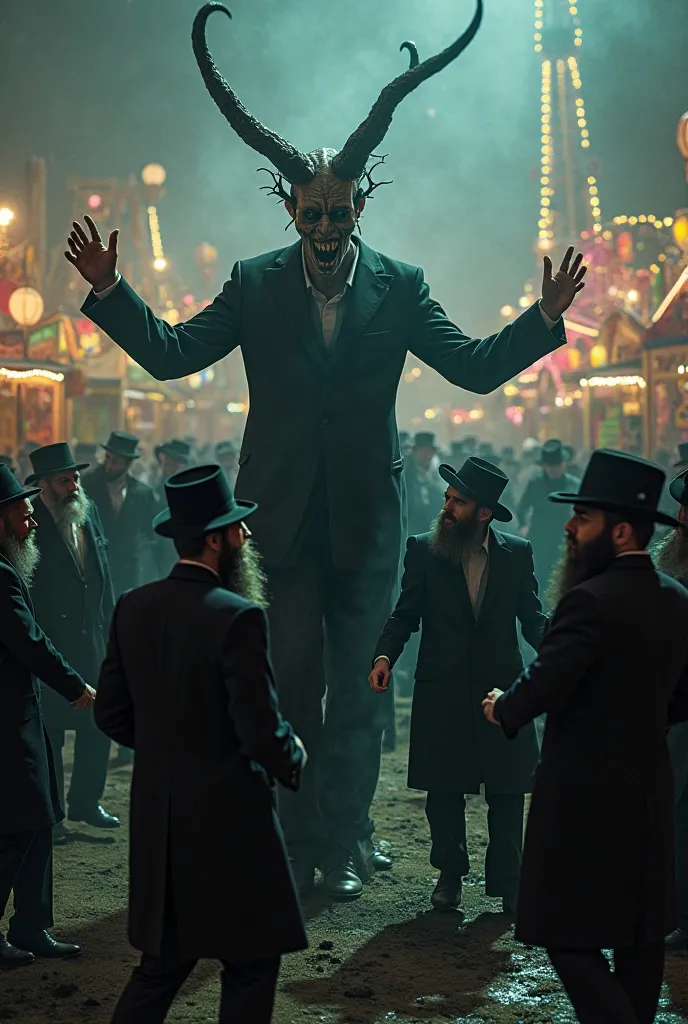 Realistic image of Jews dancing around Satan at a carnival 