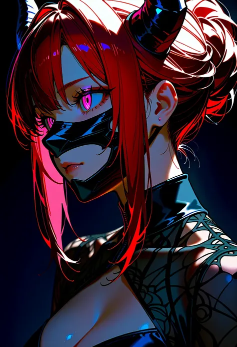 1 woman, red hair, pink eyes, beautiful face, wearing a black mask, dragon horns, wearing a black dress