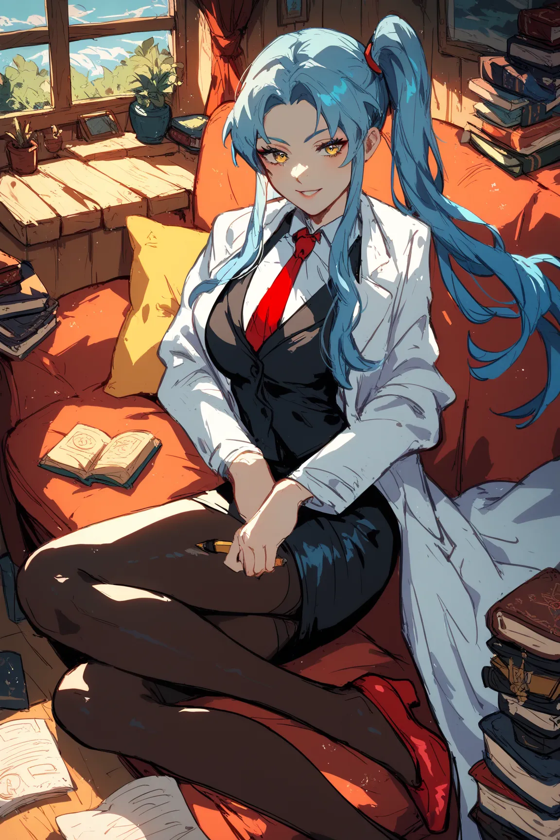 best quality, masterpiece, extremely detailed, highres, 1girl, solo, amazing quality, AngelaLC, long hair, side ponytail, blue hair, yellow eyes, red necktie, black pencil skirt, labcoat, black vest, white shirt, black pantyhose, red shoes, cabin, sofa, he...