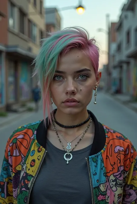 an 28 year old beautiful indian punk woman with white skin tone, dystopian street scene, closeup, front view, off center, (lkawaii bomber jacket:1.3) many patches funky colors, varied hair colors highlights, multicolored punk hair, buzzcut haircut, dark gr...