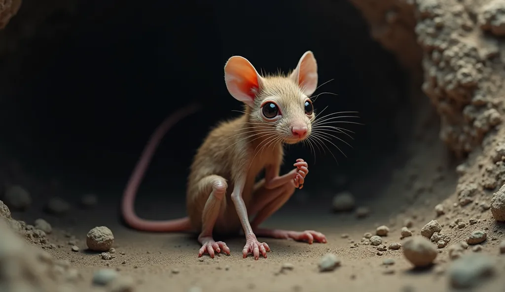 (Highest quality, masterpiece, High resolution)、4K Anime Art、Soft Light, A frail, starving sneaky brown rat sits weakly in a dark, empty burrow. Its body is thin, its eyes sunken with hunger, and its fur appears unkempt. The rat clutches its empty paws to ...