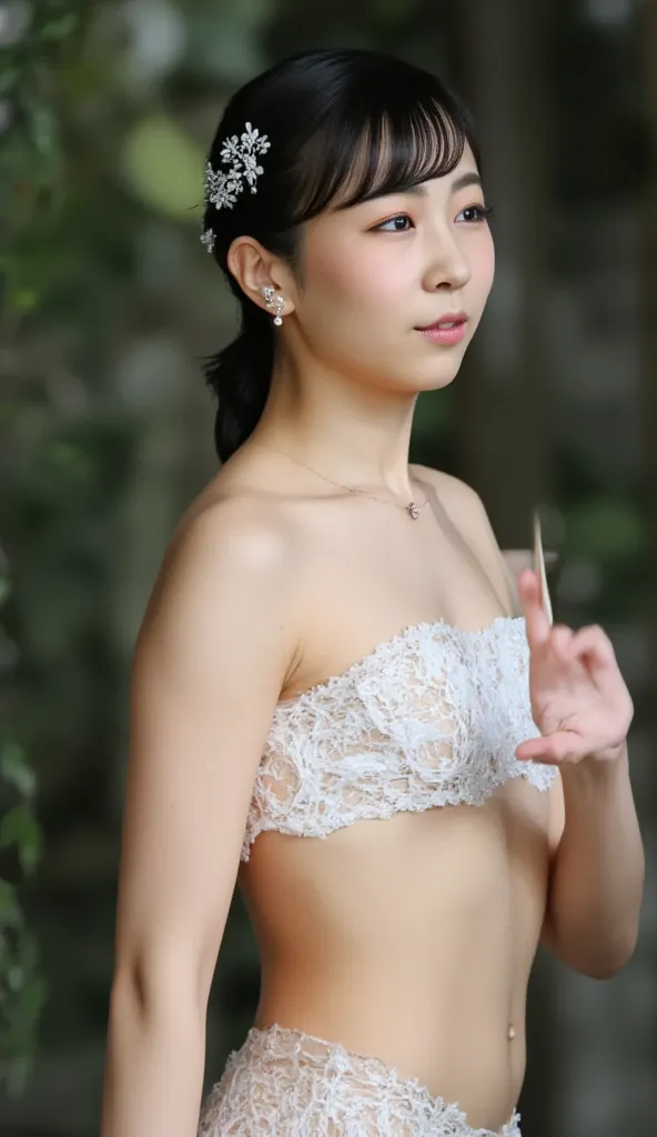   Young Japanese Women 、 how、    black hair、   ear piercing、smile、transparent white mini micro bikini、 emphasizes the impression that her teeth are neatly aligned   、The girl is not wearing a bra 、not wearing underwear,  ((  Top Quality , 8k,   masterpiece...