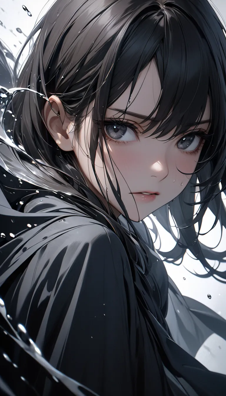 A young woman, likely in her late s or early twenties, with dark Asian features,  is depicted in a dramatic, close-up shot.  She wears long, dark hair, styled with a slight wave, and it seems damp or wet, cascading down her back. Her expression is intense ...