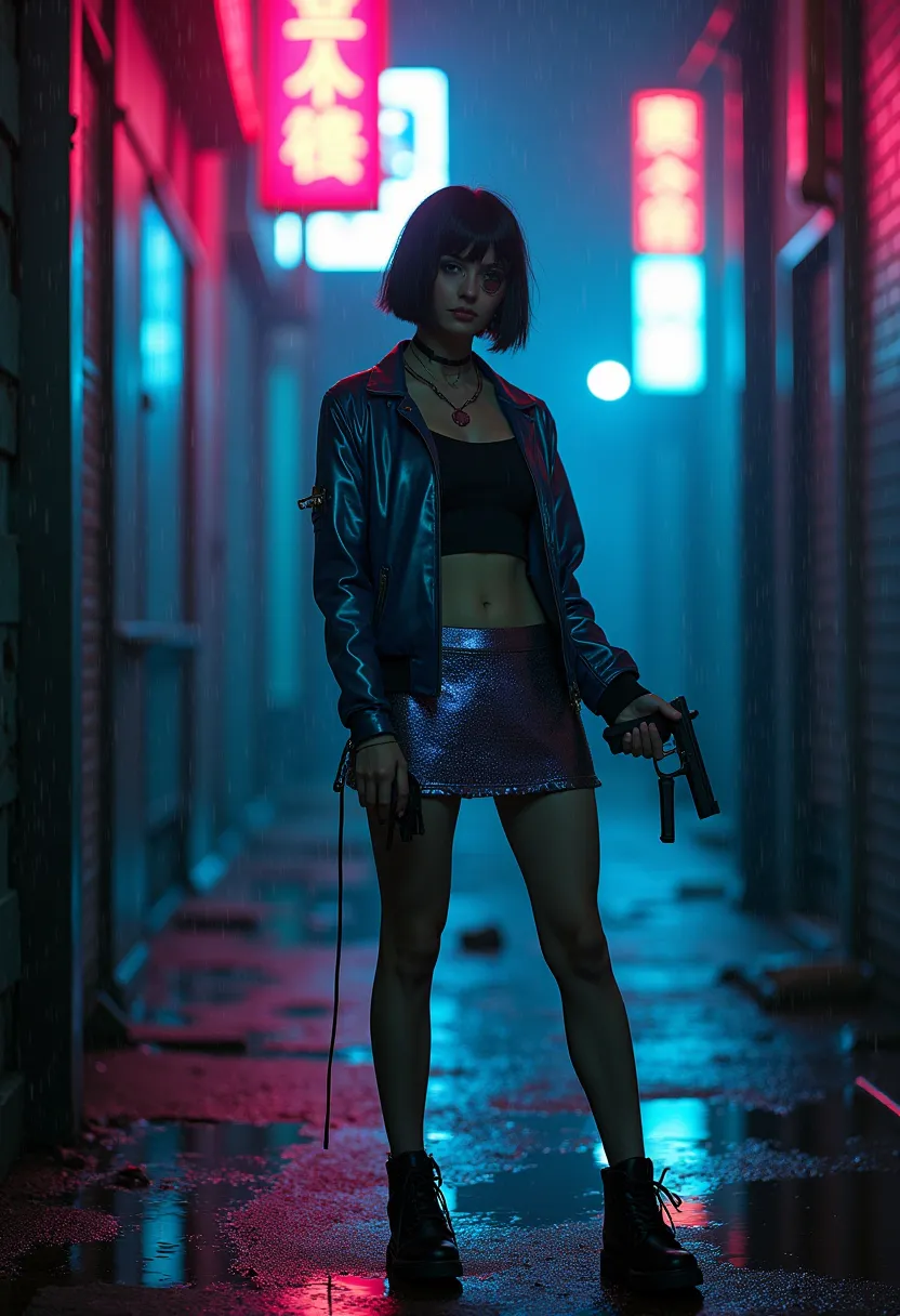 Cyberpunk-inspired woman. Back alley with neon lights, night after rain, reflection in puddle, cyberpunk woman, short cut, metallic jacket, holographic skirt, cyberpunk prosthetic eye, cool expression, pointing gun at you, scene from action movie, cinemati...