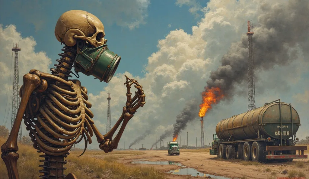 Ultrarealistic detailed, fantasy art, Surrealism, oil painting, animate a skelton with muscle tighting the gas-mask and look at grimreaper in smoke shape, drill pipe has circular digging the land movement, green tank truck driving along its way, passing bl...