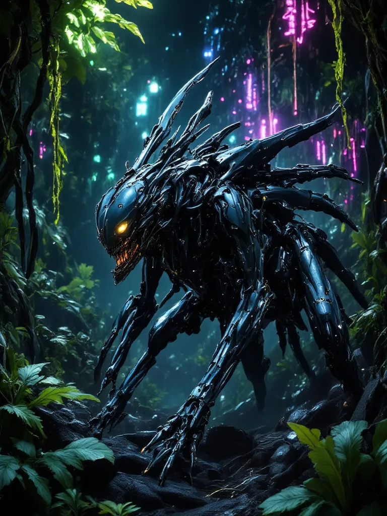 "A sleek, insect-like hybrid robot with a fusion of biological exoskeleton and mechanical components, crawling through an alien jungle under neon lights."