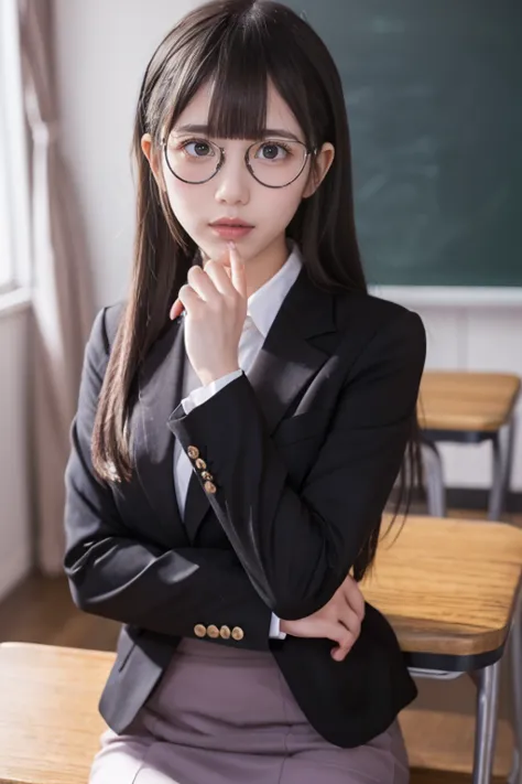  Japanese women like idols , long hair ,  straight hair  , round face ,bust up , Mafuyukirisu,   Mafuyu Kirisu,  blue eyes, Knitting Glasses,  long hair, twin Knitting Glasses,   black hair,
break long sleeves, purple ミニ skirt,   shirt,  skirt,    suit jac...