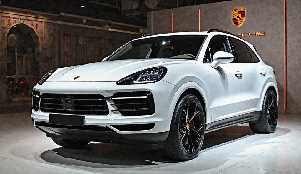 The image depicts the front left side view of 2025 Porsche cayenne 
 (White) colour.well showroom and back ground well logo (Porsche) full great size with Good's walls and  highlight