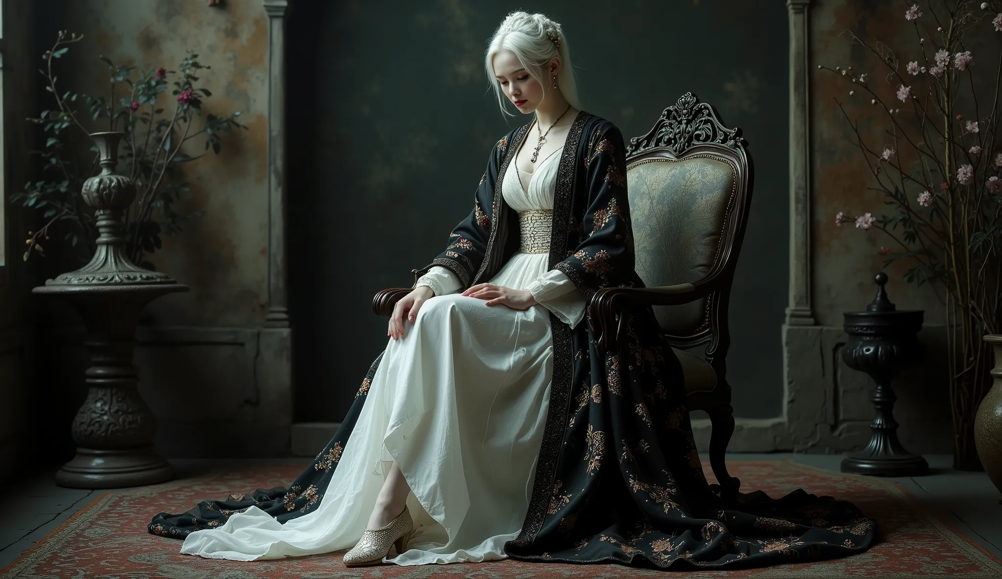 a full body picture of an albino Japanese-European mixed woman, sitting on classic chair, crossing legs, wearing an elegant ancient-style black white robe with intricate embroidery, draping gracefully over her shoulders and glass-like shoes. Her expression...