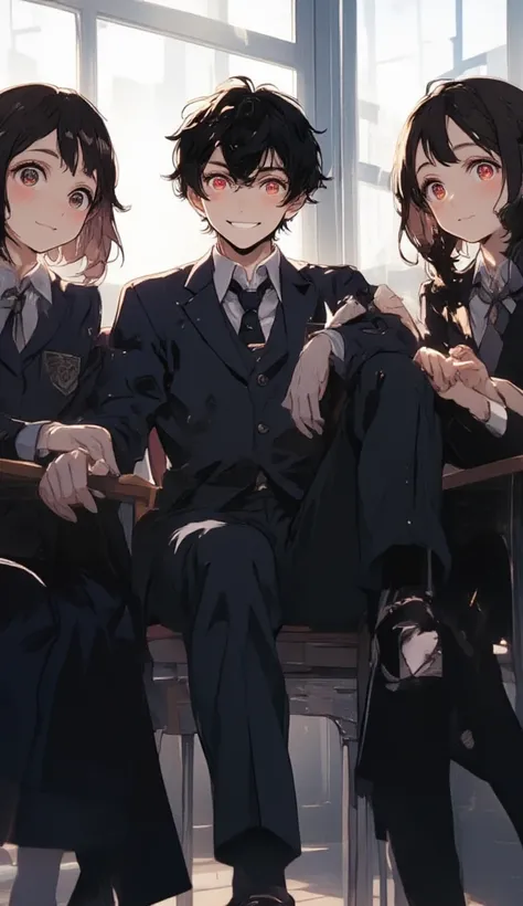 a boy, short black hair, striking red eyes, white skin, smiling, sitting on his chair inside a class, wearing a navy color school uniform, he is surrounding by two cute age girls, class background, anime art, An animated cartoon image in the style of "Demo...