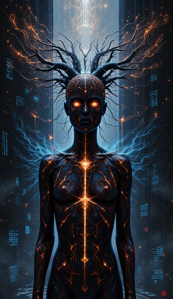 In the depths of a surreal greek AI human hybrid consciousness, intricate transhuman ,an intricate network of shadowy algorithms and data streams pulse joyously and ominously connected with human mind . The main subject of the painting is an otherworldly a...