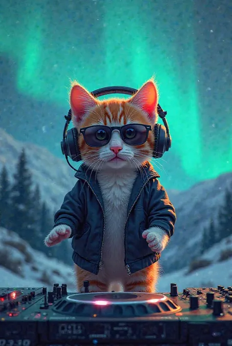 1920x1080 16:9 Perfect Centering, whole body、Cute kitten, Wear a school jacket, Wear sunglasses, DJ wearing headphones　In front of the CDJ is Lofi Rhythm & It says Paws, Standing position, Abstract Beauty, Centered, Looking into the camera, To the camera, ...