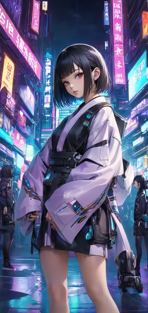 Young Chinese character, fly away, 20 and a few years, Short black hair, brown eyes, wearing futuristic clothes in shades inspired by the kimono in shades of blue, purple, rosa,  Black and white, in a futuristic setting with modern architecture, neon light...