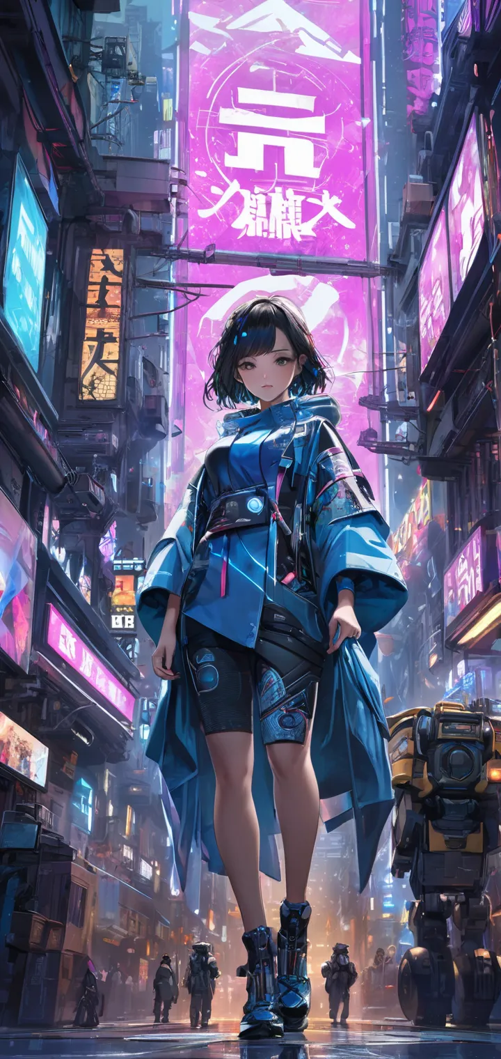 Young Chinese character, fly away, 20 and a few years, Short black hair, brown eyes, wearing futuristic clothes in shades inspired by the kimono in shades of blue, purple, rosa,  Black and white, in a futuristic setting with modern architecture, neon light...