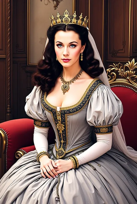 (masterpiece:1.2, Best Quality),8k, wallpaper,((Marvel Comic art, thick outline, flat color:1.3)),(Vivien Lee as Queen Elizabeth the first), view from front, ((full body, looking up kindly , sitting in the palace)), perfect eye,detailed face, holy expressi...