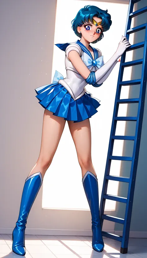 Sailor Mercury sexy , girld , coquette , embarrassed, short blue hair , blue eyes , Face detail, pleated skirt detail, sexy ,  tender look , full length image, knee-high boots, Standing on a room ladder, ventana, Luz outfit 