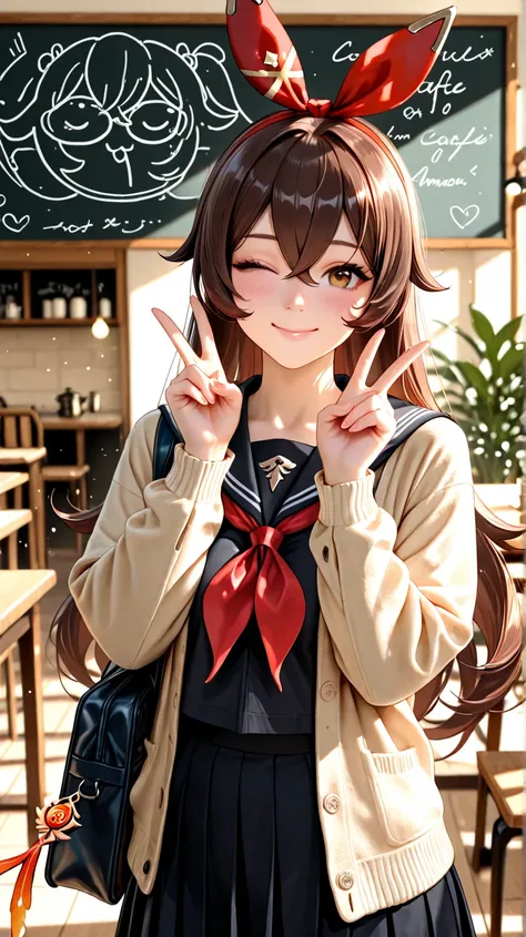 REALIST, ULTRA REALISTIC, PHOTOGRAPHY, perfect anatomy, masterpiece, best quality, soft lighting, absurdres, looking at viewer, from front, blush, smile, solo, one eye closed, wink, double peace sign, v,
amber \(genshin impact\), brown eyes, brown hair, lo...