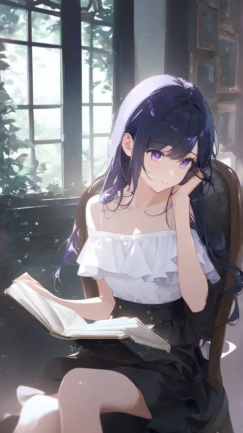 Long dark blue haired girl, purple-colored eyes, Off shoulder clothes in white color and long black skirt, read a book, sitting on a chair near the window. 