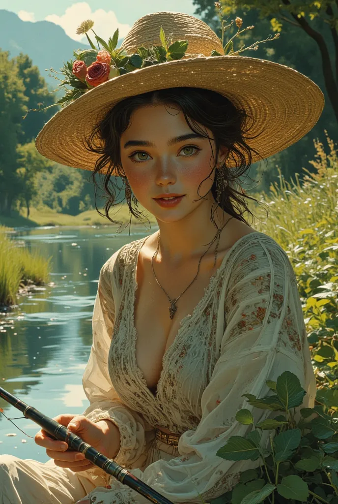 a girl fishing by a spring creek, beautiful detailed eyes, beautiful detailed lips, extremely detailed eyes and face, long eyelashes, big smile, big breast, sitting on the riverbank, fishing rod in hand, idyllic countryside landscape, lush green foliage, f...