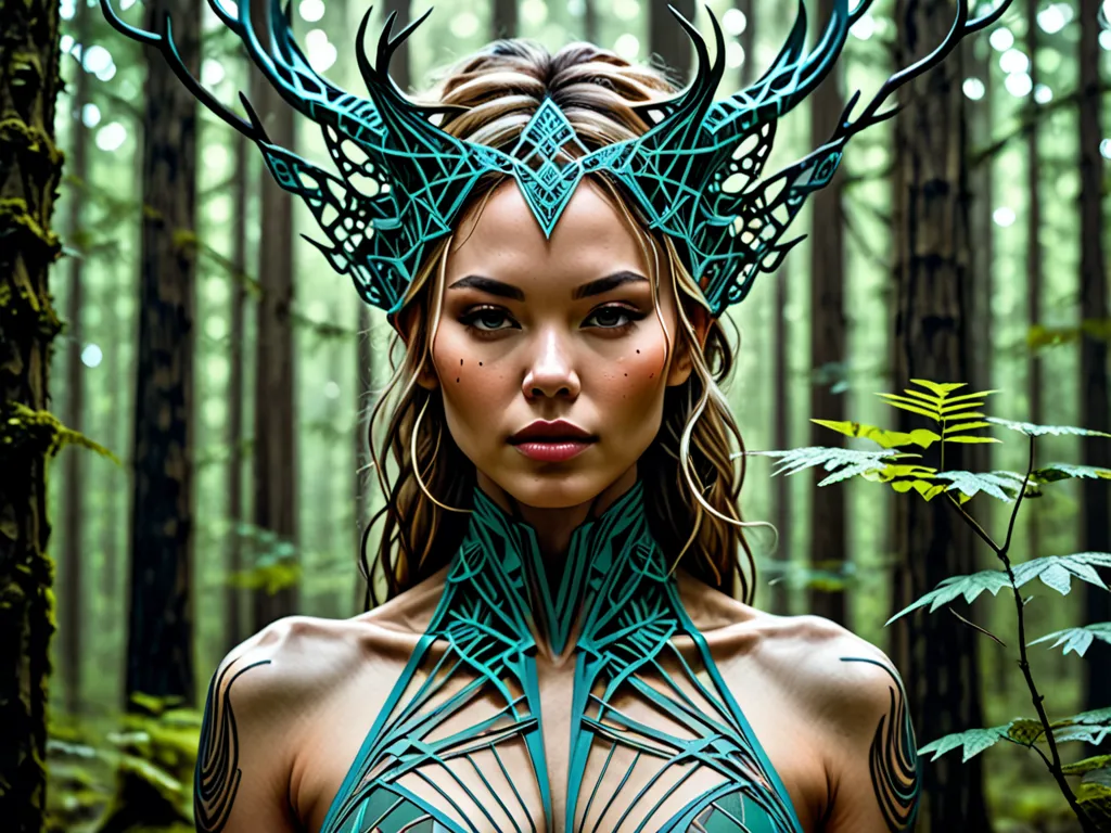 A Mysterious Woman in the Woods, by M98injae Lee, Carne Griffiths, Emily Kell, Geoffroy Thoorens, Aaron Horkey, Jordan Grimmer, Greg Rutkowski, amazing depth, master work of art, surrealism, geometric patterns, intricate details, bokeh effect, perfect bala...