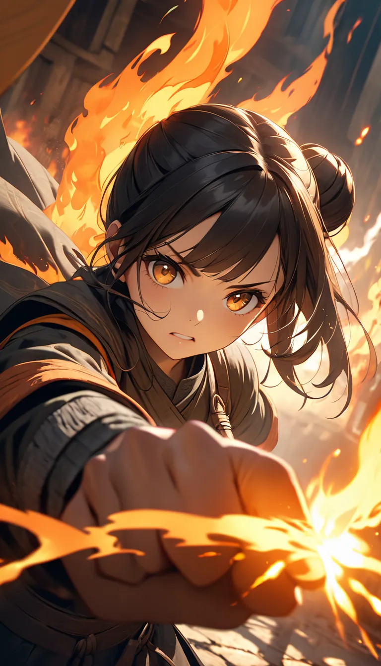 Asian woman, young adult, intense expression, dark hair in a bun, wearing dark, weathered,  practical-style clothing, suggesting a warrior or combatant,  clothing made of rough material,  showing detail of the fabric,  fire rings emanating from the outstre...