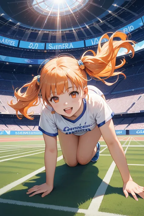 a girl, on all fours, in the stadium, anime, full body shot, sunlight, Orange, detailed, plump, t-shirt, Joyful Scene, ager, boyish, glad