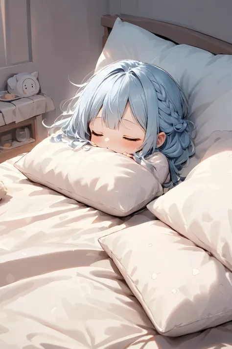 okmc,a cute girl:0.7\(french braid hair on top,light blue hair, long hair, fluffy hair,french braid hair on top,white skin,closed-eyes:1.5,no nose,small mouth,open mouth:1.5\),she sleeps with fluffy body pillow,ongr mark\(Japanese rice ball pattern\) is pr...