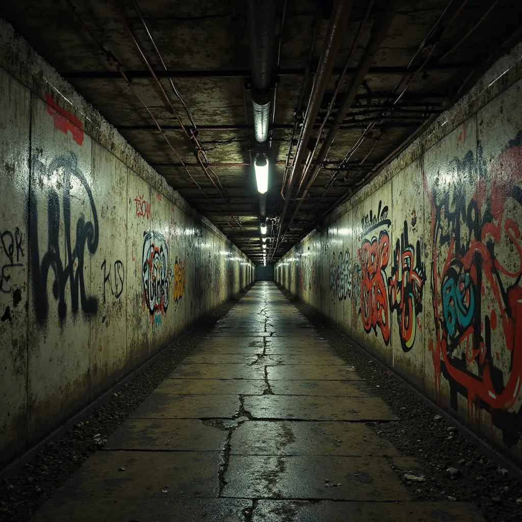 A subway tunnel wall featuring cracked concrete, rusted metal beams, and a blend of peeling posters and old graffiti. The worn, gritty aesthetic is highlighted by dim industrial lighting casting dramatic shadows. The tunnel’s depth creates a unique visual ...