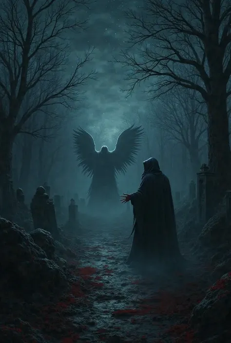 Dark night with gloomy appearance by grave yard with blood on ground with death angels real dark standing in background with hands open with stars in sky 