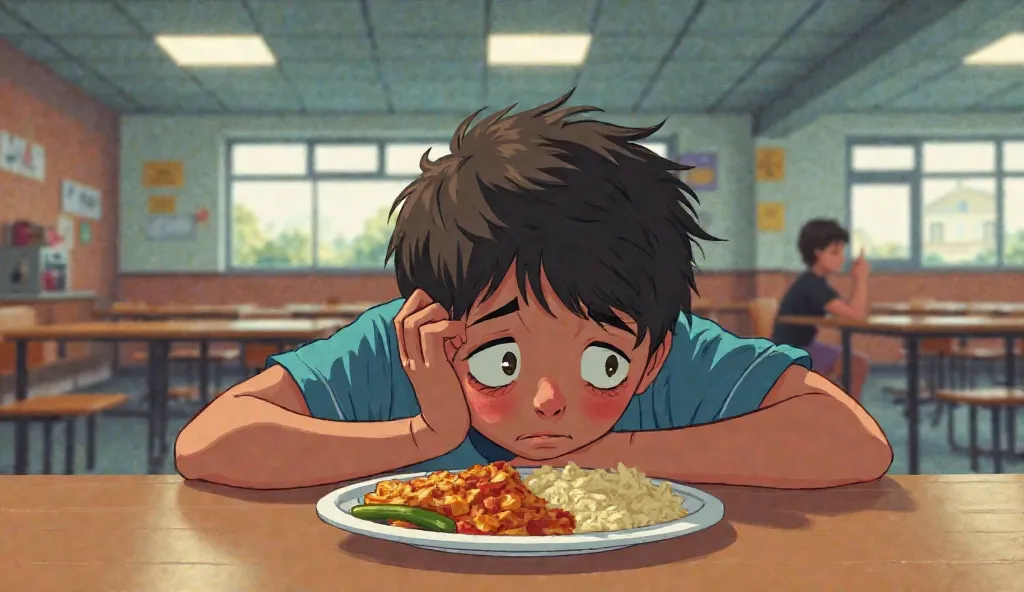 The young , alone at a school cafeteria table, staring at an untouched meal, a sad and weary expression, resting their head on one hand, bright lunchroom lights above, trays clattering around them, digital illustration, medium close-up shot.