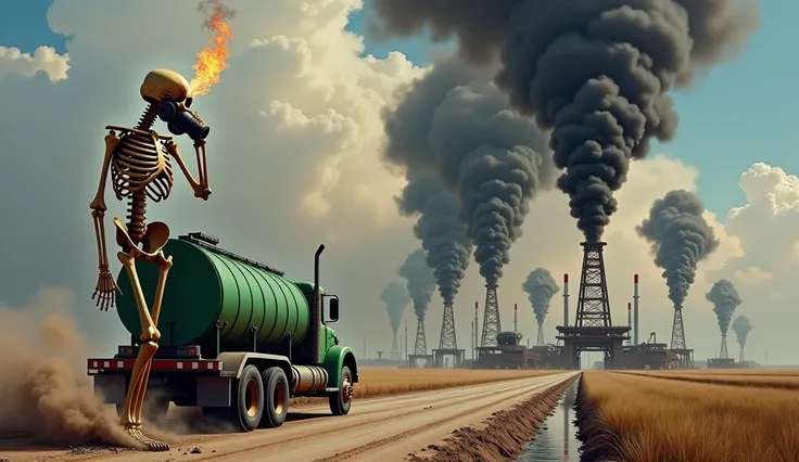 Ultrarealistic detailed, fantasy art, Surrealism, oil painting, animate a skelton with some anatomy muscle body, tighting the gas-mask and look at grimreaper in smoke shape, drill pipe has circular digging the land movement, green tank truck driving along ...