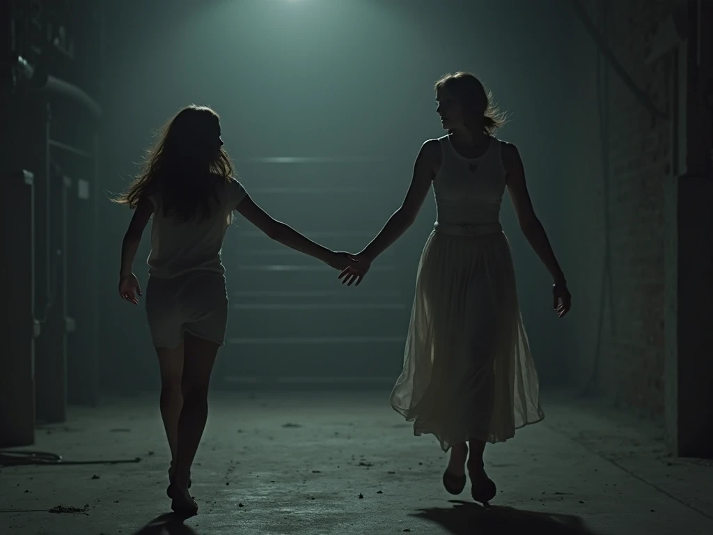 A dramatic scene in which two women, a 15-year-old girl and a 26-year-old girl, are in a dark and emotional environment. The youngest, is running away from the older one, who continue desperately extending their arms to reach her. The distance between them...