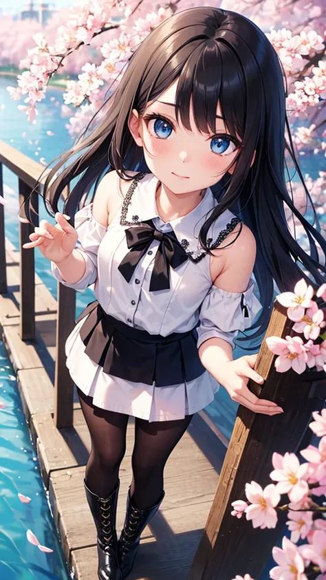 (masterpiece,best image quality,high quality),beautiful girl,beautiful eyes,black hair,face shot,blue eyes,looking up,from above,flying to the sky cherry blossom flowers,small river,standing on the bridge,right hand up,Anatomically Correct Body,white offsh...