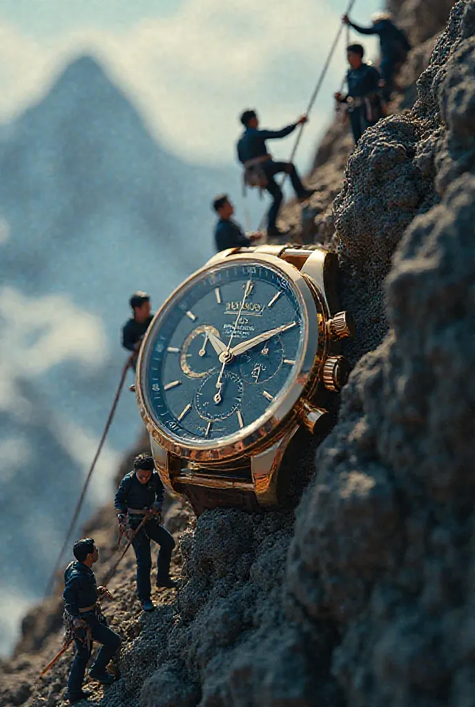 Image 1: The Giant’s Climb
Prompt: A group of tiny figures is climbing a luxurious wristwatch as if it were a massive mountain. Some are using ropes, while others carry climbing gear. The cinematic lighting highlights the fine details of the watch, emphasi...