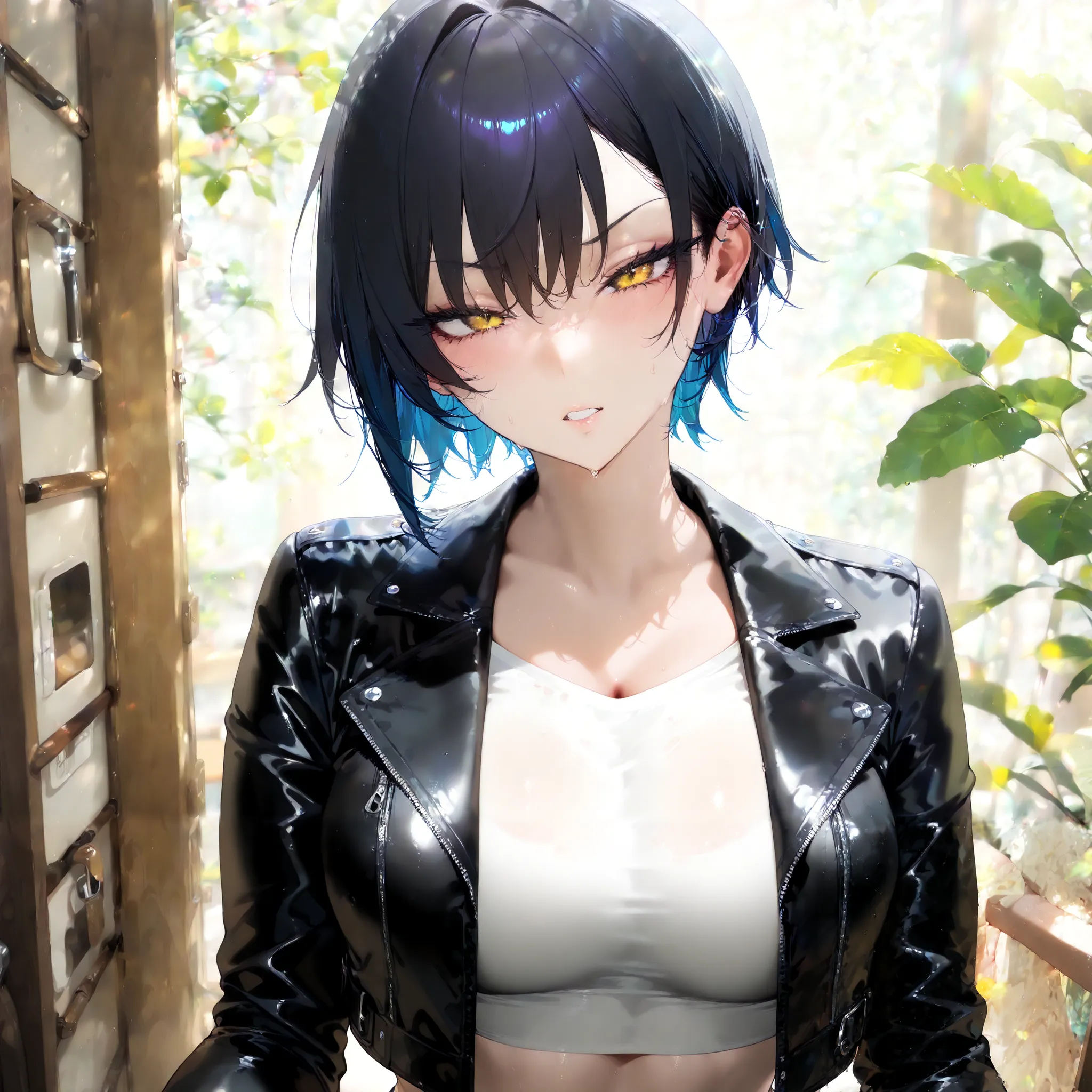 1girl, sharp eyes, long eyelashes, narrowed eyes, yellow eyes, short hair, crop top, leather jacket

Ohisashiburi 

masterpiece, best quality, amazing quality, very aesthetic, absurdres,  newest, high score