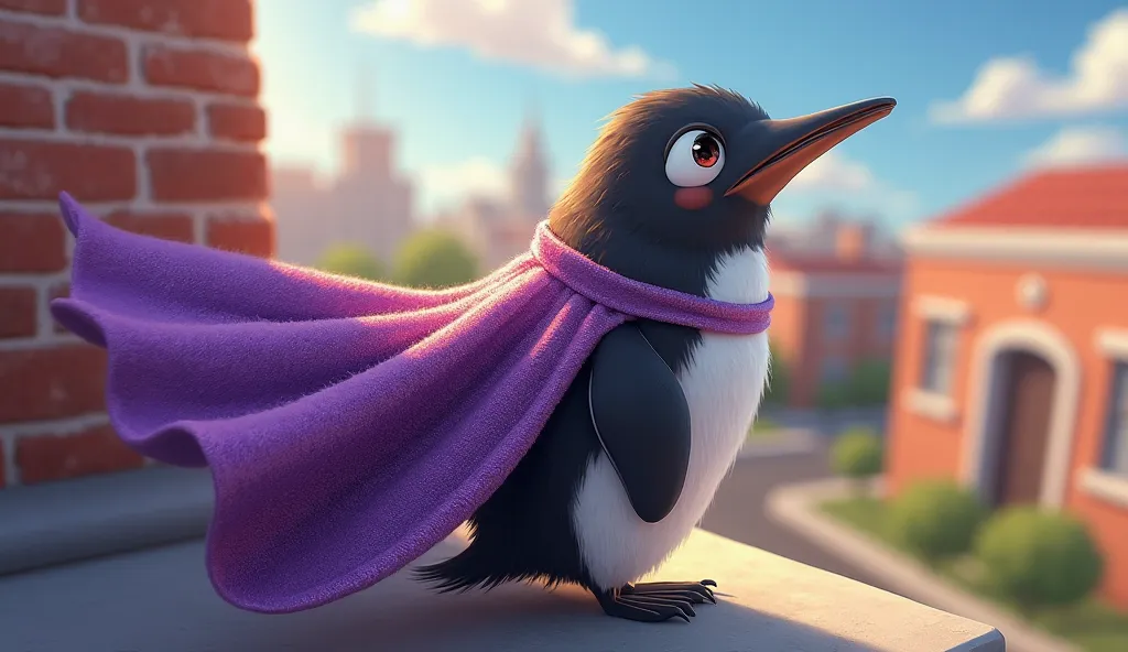 A lovable superhero penguin, wearing a shimmering purple velvet cape, noticing the  from afar, eyes wide with concern, standing heroically on a rooftop ledge, the schoolyard visible below, sunlight reflecting off the cape’s folds, digital illustration, dyn...