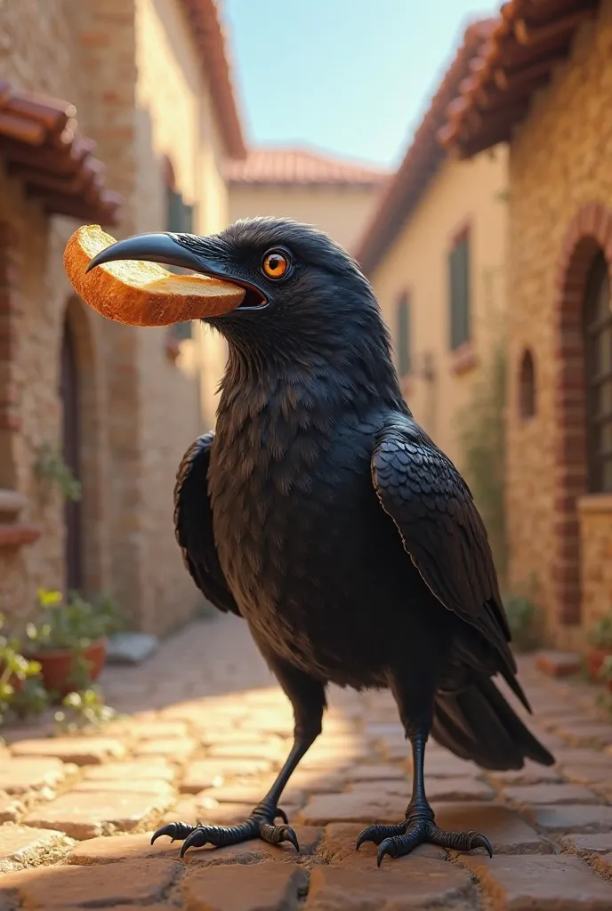 A crow picking up a piece of bread from the ground in a village courtyard. The crow holds the bread in its beak while its eyes shine with excitement.
